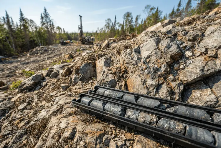 SLAM Exploration bohrt sichtbares Stibnit am Moose Lake in New Brunswick